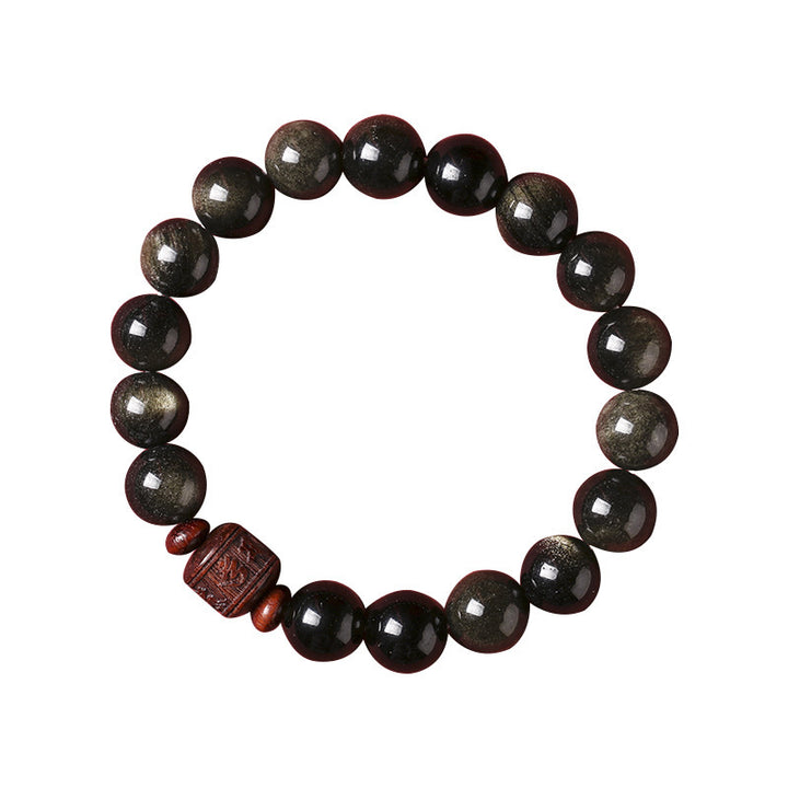 Pulsera curativa con carácter de obsidiana arcoíris de obsidiana con brillo de oro natural con Buddha Stones Om Mani Padme Hum Fu