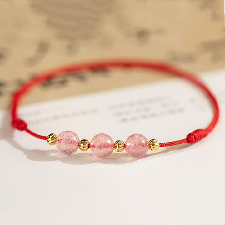 Tobillera con hilo rojo de la suerte con cuentas de cristal de fresa y piedras de Buddha Stones