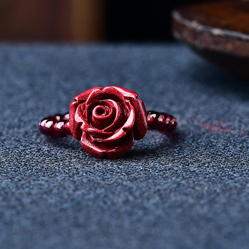 Anillo de protección de rosa con Buddha Stones , granate, cinabrio, PiXiu Om Mani Padme Hum
