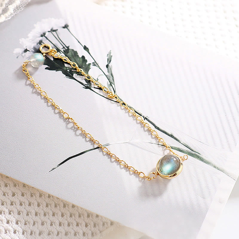 Pulsera de amor curativa con piedra lunar natural chapada en oro de 14 quilates con Buddha Stones