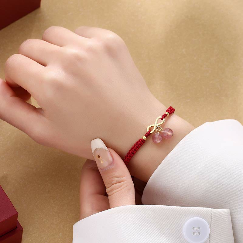 Pulsera de tejido de hilo rojo con Buddha Stones , cristal de cuarzo fresa, nudo sin fin, curación de amor