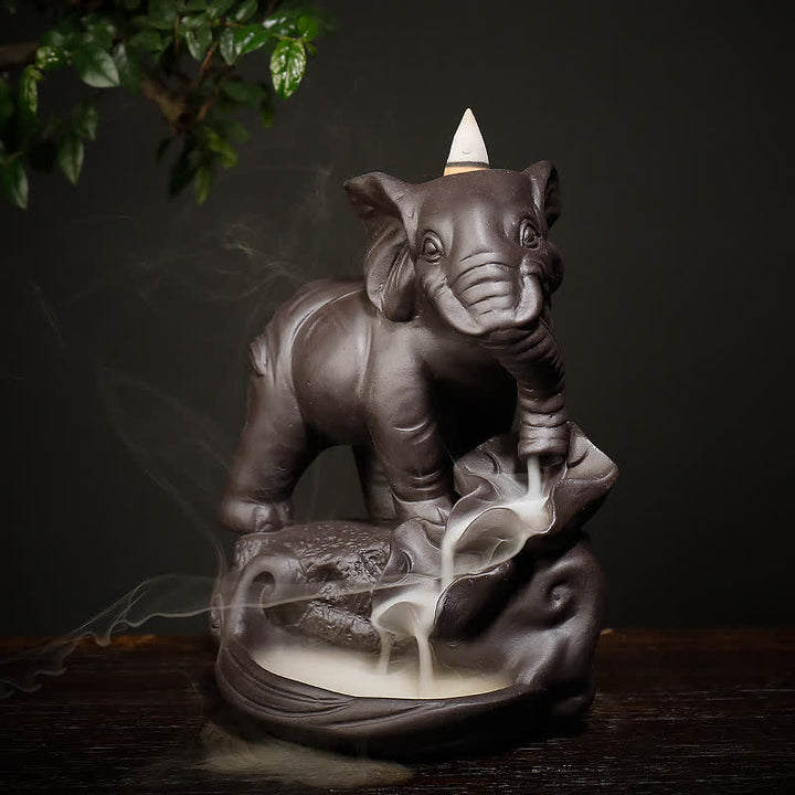 Elefante tibetano, fuente de humo de reflujo de arcilla púrpura, decoración de quemador de incienso curativo de paz