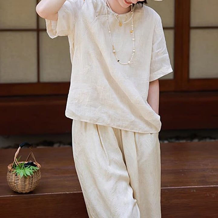 Blusa suelta de lino de ramio con Buddha Stones , camisa de manga corta, Top de estilo chino