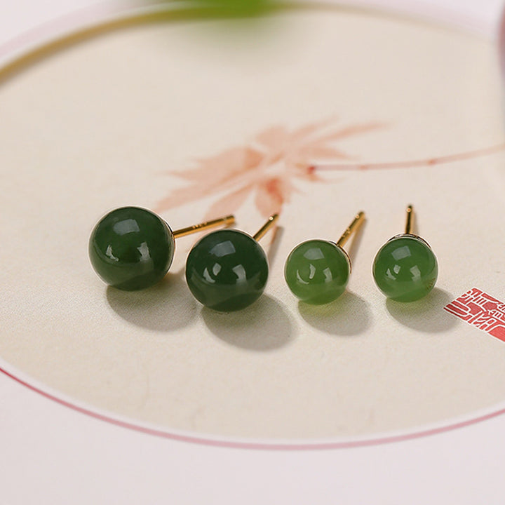 Pendientes de tuerca de plata de ley 925 con Buddha Stones , redondos, jade cian curativo y tranquilo