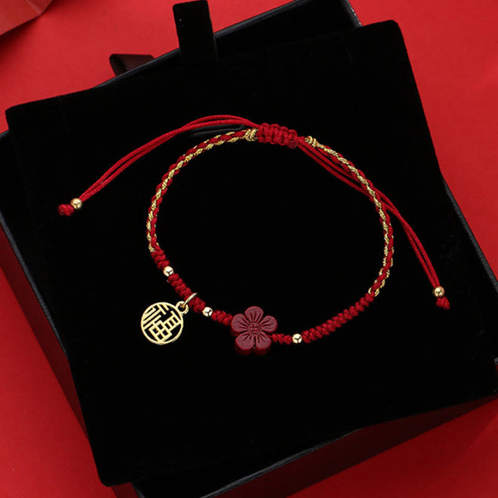 Pulsera de hilo trenzado con Buddha Stones, flor de cinabrio, carácter Fu, bendición