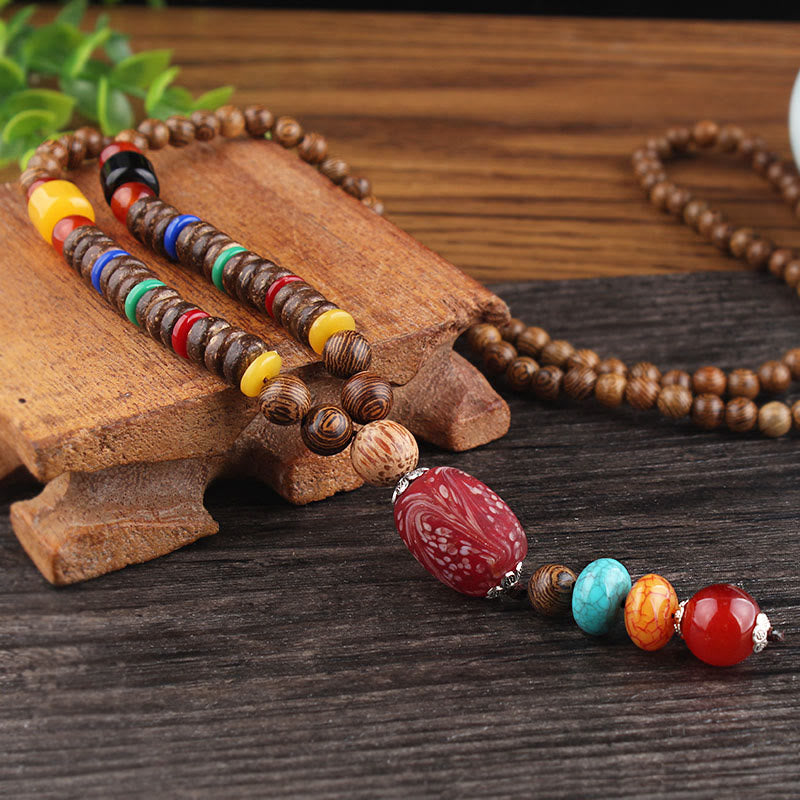 Buddha Stones, colgante de collar de paz de equilibrio de ágata de semilla Bodhi de madera de wengué tibetano