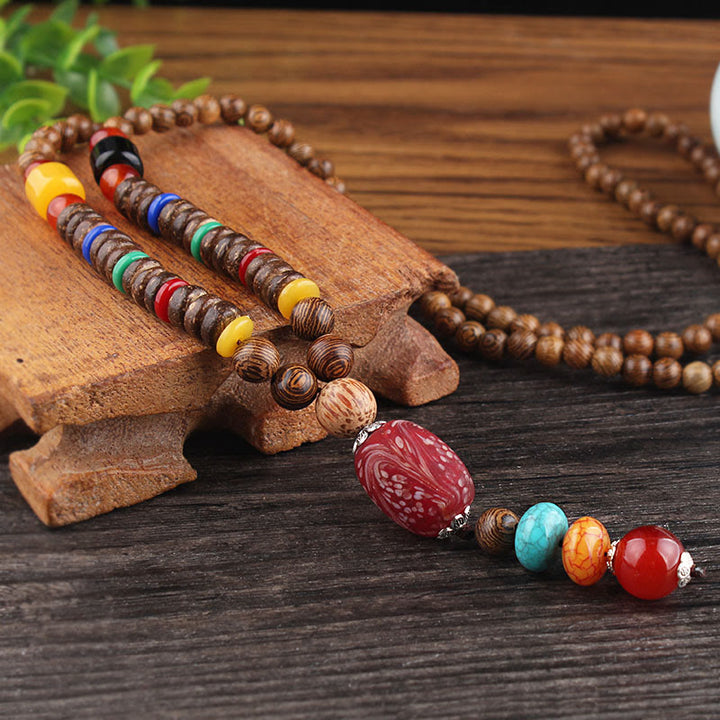 Buddha Stones, colgante de collar de paz de equilibrio de ágata de semilla Bodhi de madera de wengué tibetano