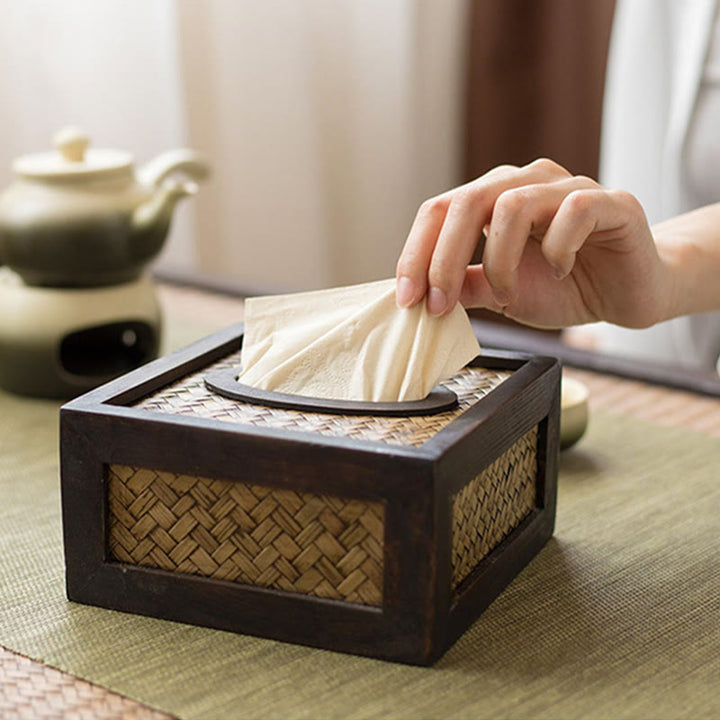 Caja de pañuelos de madera tejida de bambú hecha a mano, soporte de madera para pañuelos, cajas de toallitas, decoración - image 8