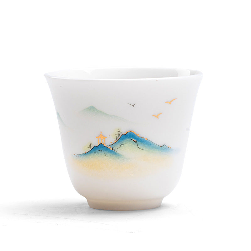 Taza de té de cerámica con Buddha Stones, flor de loto, hoja, montaña, pabellón, alce, peonía, taza de té de Kung Fu