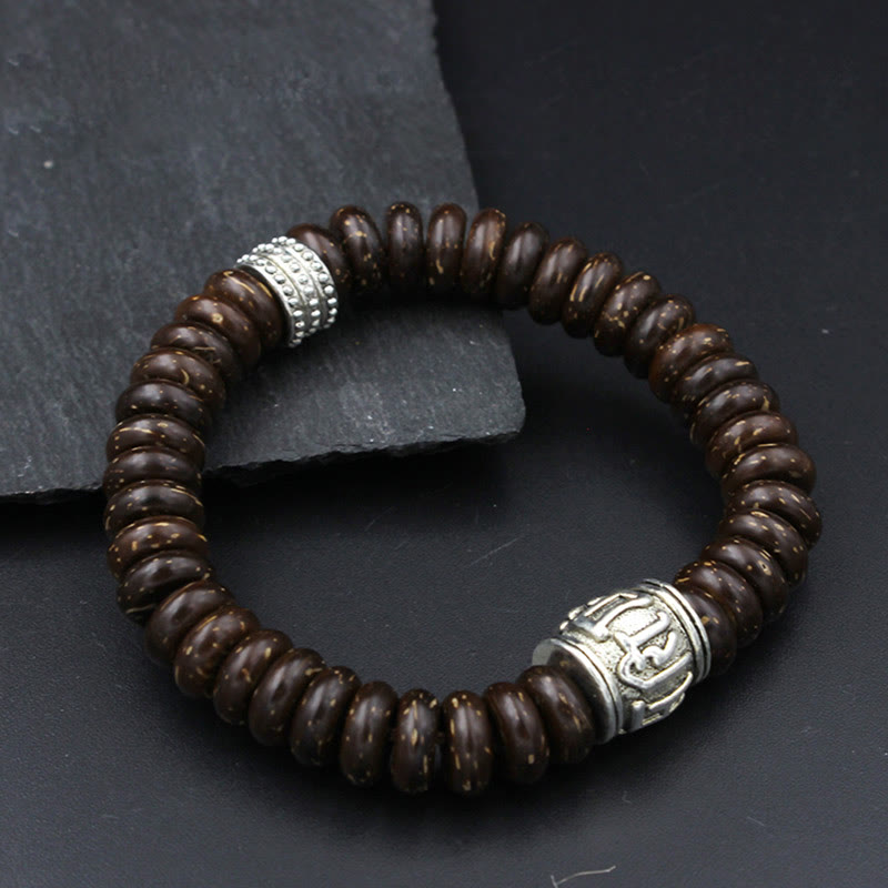 Pulsera positiva Om Mani Padme Hum de concha de coco tibetano natural con Buddha Stones