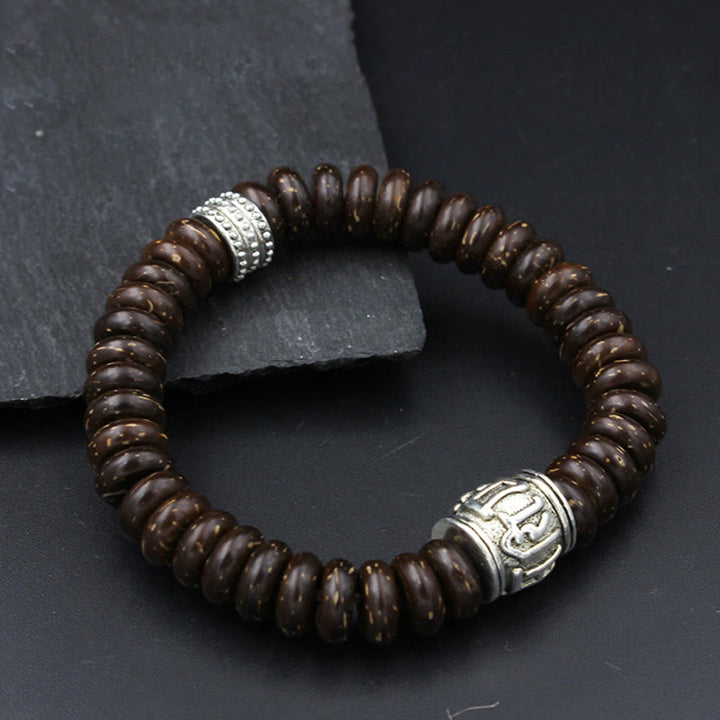 Pulsera positiva Om Mani Padme Hum de concha de coco tibetano natural con Buddha Stones