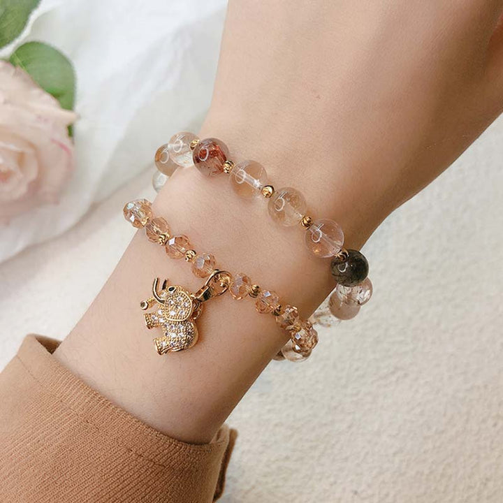 Pulsera con dijes de energía curativa de elefante de cuarzo rosa con Buddha Stones
