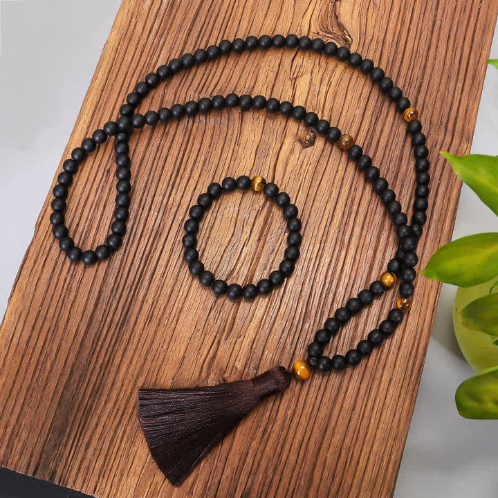 108 cuentas Mala piedra esmerilada ojo de tigre equilibrio pulsera collar colgante