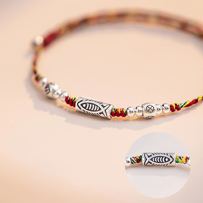 Pulsera tobillera de hilo colorido trenzado con pez Koi de la suerte de plata de ley 925 con Buddha Stones