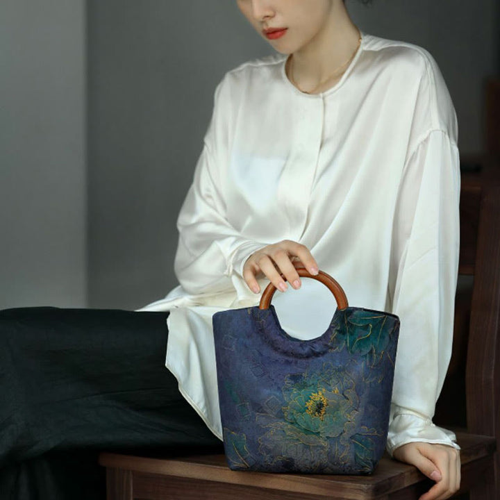 Bolso de mano con mango de madera maciza, Buddha Stones , flor de peonía, hojas de bambú, pájaro