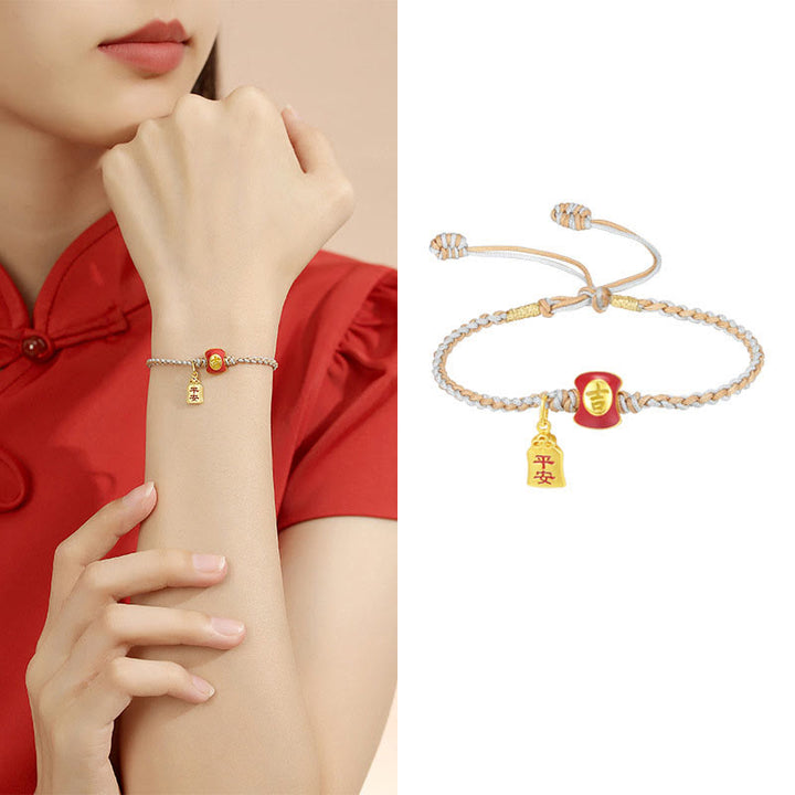 Pulsera de hilo trenzado con bendición de caracteres chinos, hecha a mano, de plata de ley 925 con Buddha Stones