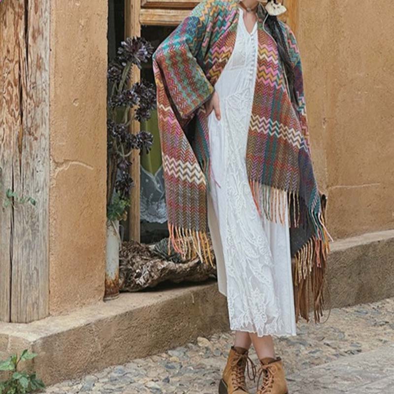 Chal tibetano con Buddha Stones , coloridas formas onduladas a rayas, borlas, bufanda de viaje acogedora para invierno