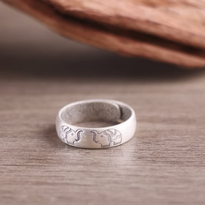 Anillo de bendición de seis palabras verdaderas con elefante de loto de plata de ley 999 con Buddha Stones