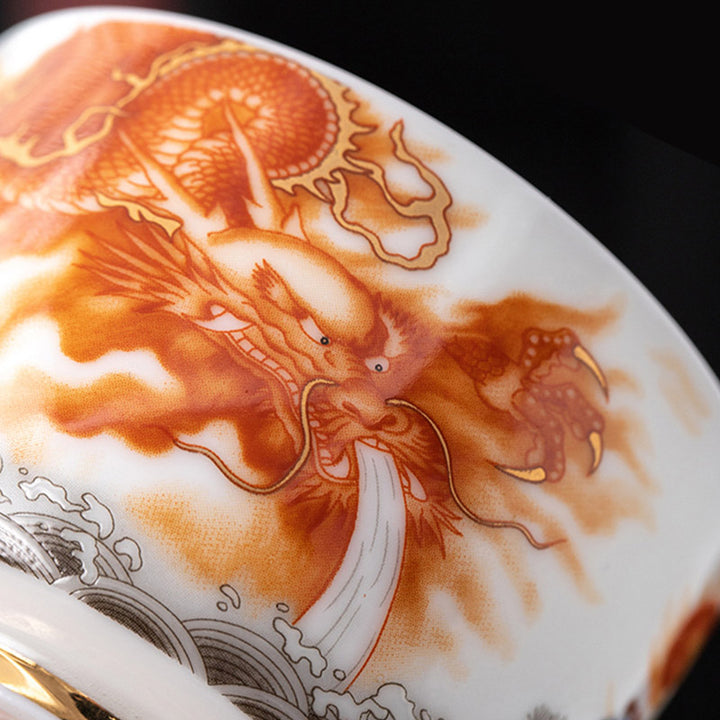 Buddha Stones Dragón Fénix Grulla Sol Océano Olas Taza de té de cerámica dorada Taza de té de Kung Fu 170 ml