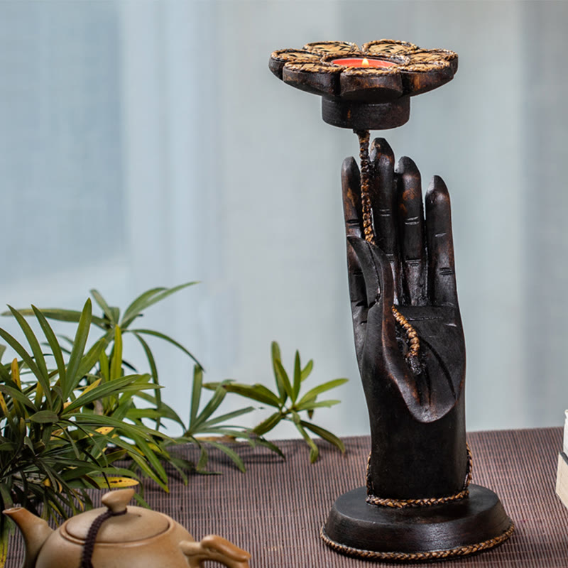 Candelabro de madera con diseño de mano de Buddha Stones , decoración para el hogar