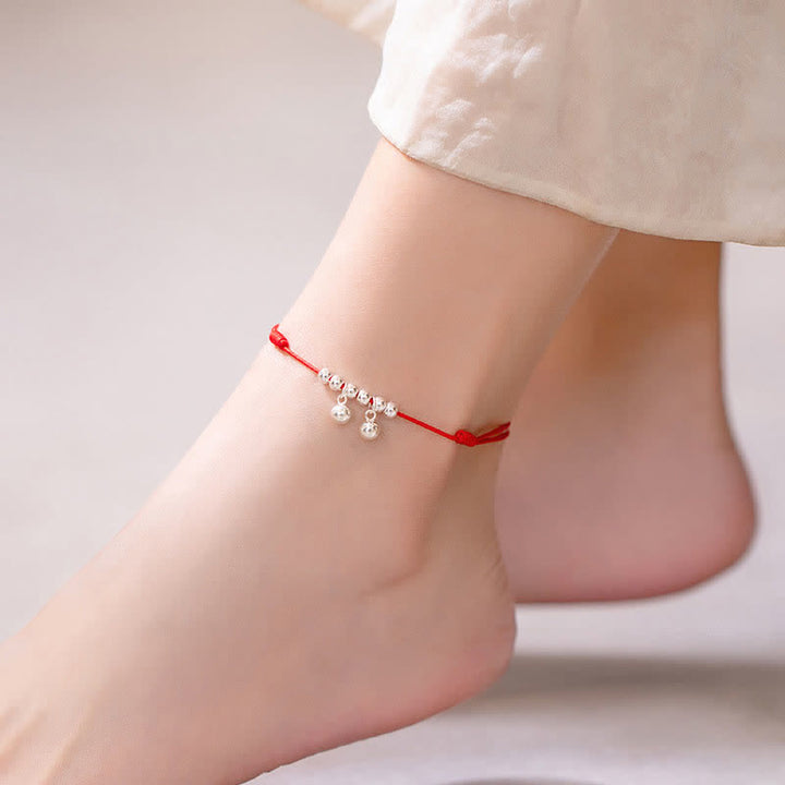 Tobillera con dije de campana trenzada con hilo rojo de plata de ley 925 con Buddha Stones
