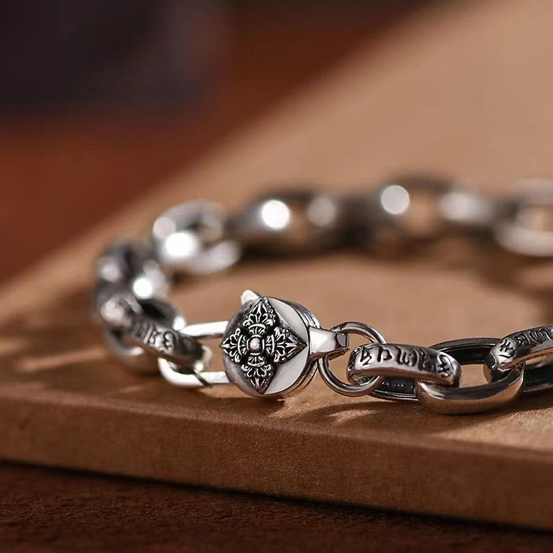 Pulsera de sabiduría grabada en cobre con Buddha Stones Om Mani Padme Hum doble Dorje