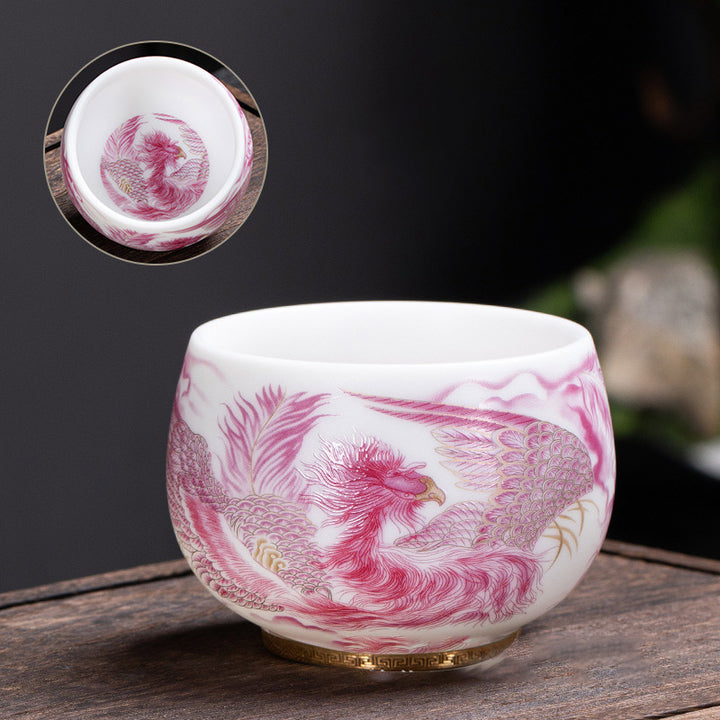 Taza de té de cerámica de porcelana blanca Phoenix Buddha Stones, taza de té de Kung Fu de 185ml con caja de regalo