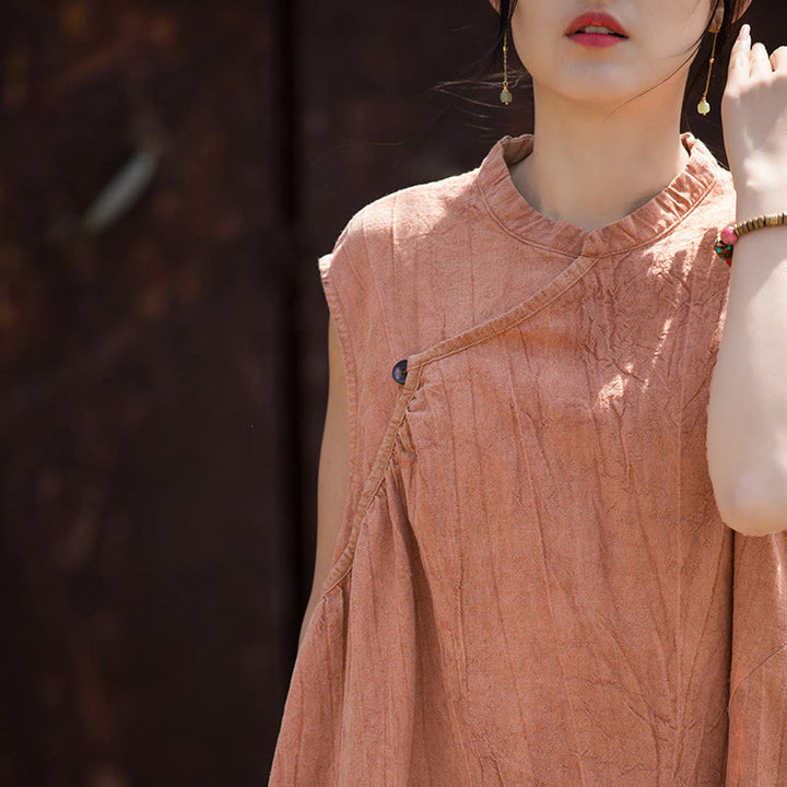 Vestido midi teñido anudado hecho a mano con Buddha Stones Vestido sin mangas de lino