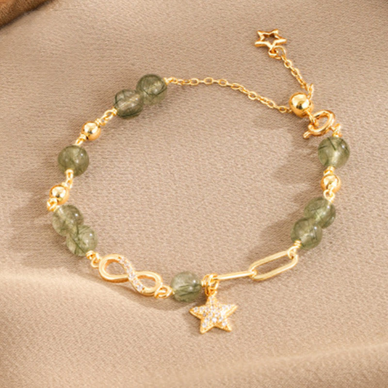 Pulsera de protección de estrella de amor eterno con lazo de Möbius de cuarzo rutilado verde de oro de 14 quilates con Buddha Stones