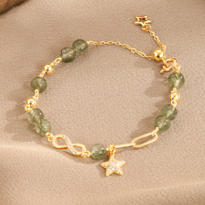 Pulsera de protección de estrella de amor eterno con lazo de Möbius de cuarzo rutilado verde de oro de 14 quilates con Buddha Stones