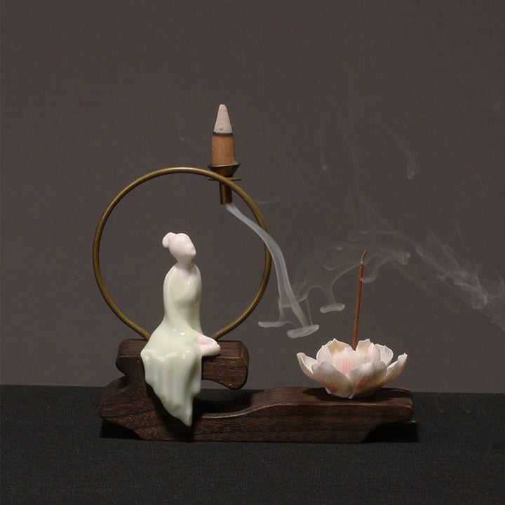 Quemador de incienso de meditación curativa de loto de cerámica con Buddha Stones , decoración