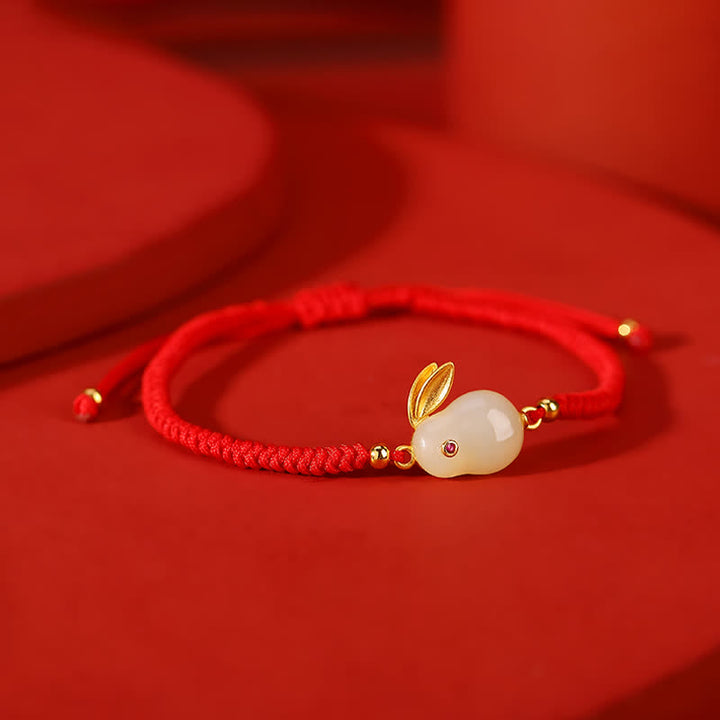 Pulsera de protección con hilo rojo de la suerte de jade blanco hetiano del año del conejo de plata de ley 925 con Buddha Stones