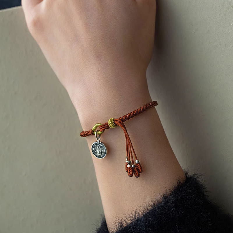 Pulsera trenzada de plata de ley 925 hecha a mano con Buddha Stones , cinco direcciones, dioses de la riqueza, protección de la suerte