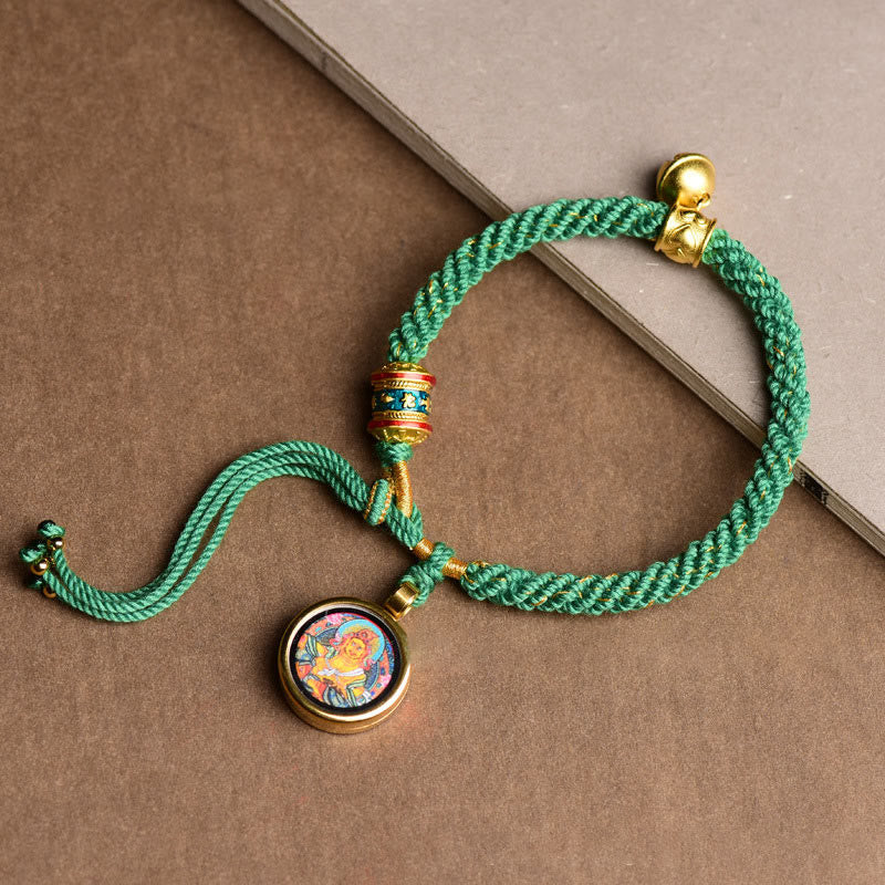 Buddha Stones de hilo trenzado con campana y rueda de oración tibetana de los Cinco Dioses de la Riqueza y Thangka de la Suerte