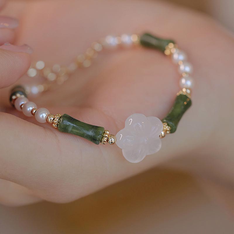 Pulsera de la paz con perlas y ágata, flor de bambú, peridoto y Buddha Stones