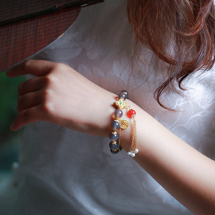 Pulsera de equilibrio con borlas y perlas de carácter Fu de ágata gris natural con Buddha Stones