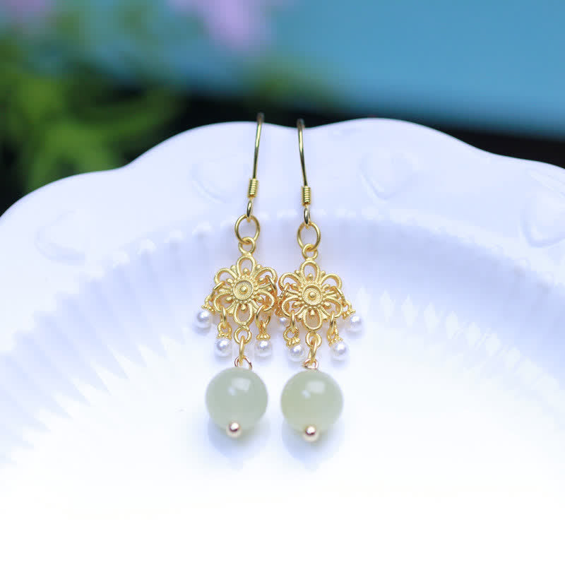 Pendientes colgantes con forma de gota de la suerte, chapados en oro de 14 quilates, con patrón de flores de jade hetiano - image 3