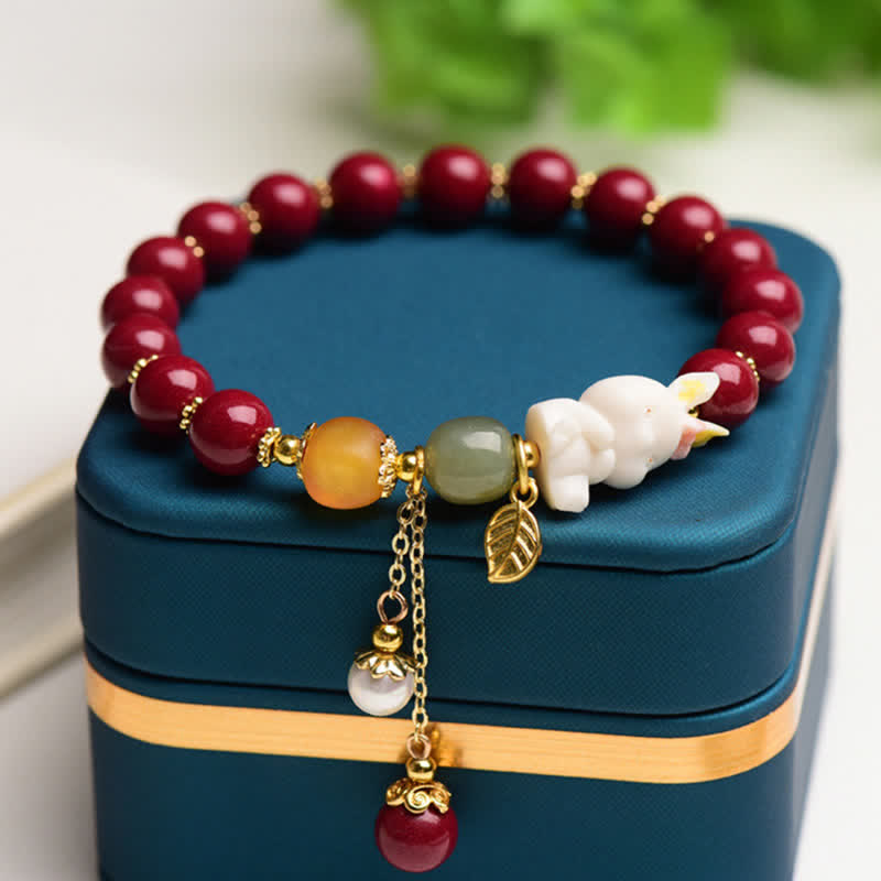 Año del Conejo Cinabrio Hetian Jade Bunny Pulsera de bendición con cuentas