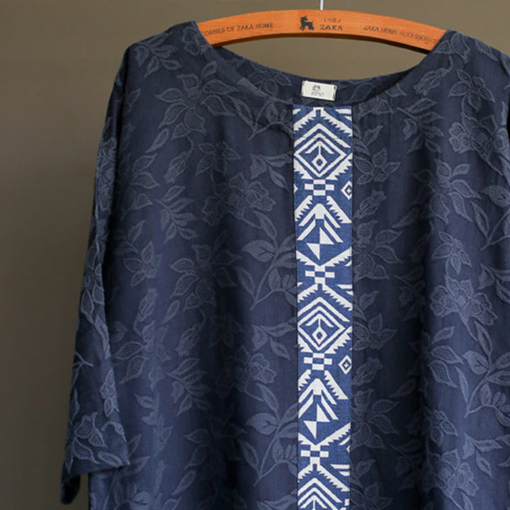 Vestido midi de jacquard con bordado de flores azules y Buddha Stones Vestido de algodón con manga tres cuartos y bolsillos