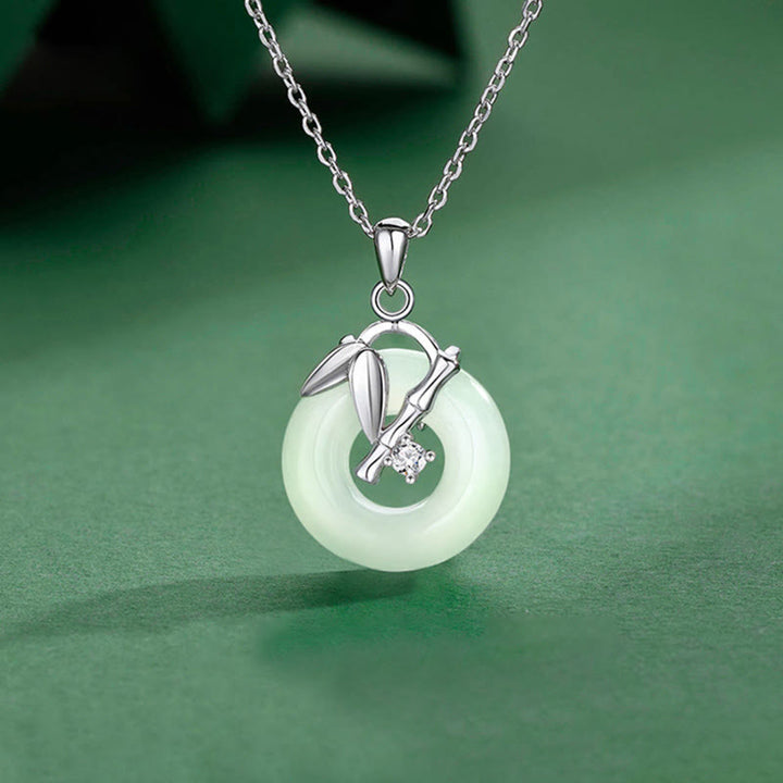 Collar con colgante de plata de ley 925 con Buddha Stones , jade hetiano, hoja de bambú, hebilla de la paz y prosperidad