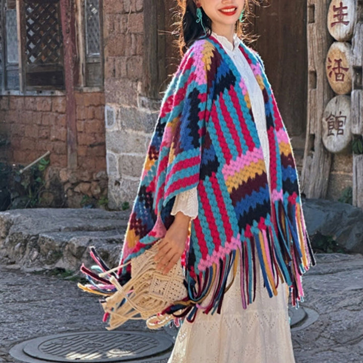 Mantón tibetano de Buddha Stones , patrón trenzado de Color caramelo, bufanda de punto con borlas de viaje acogedora para invierno
