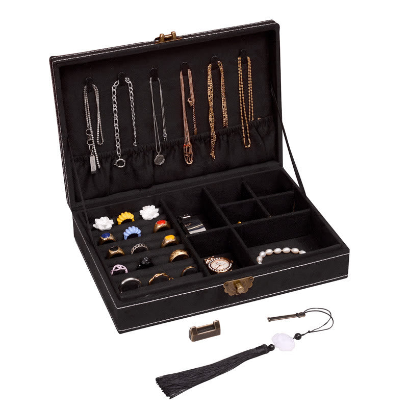Caja organizadora de joyería de diseño Simple con Buddha Stones, caja de almacenamiento de joyería de franela de una sola capa con cerradura - Negro 28 cm x 19 cm x 6,5 cm - image 18