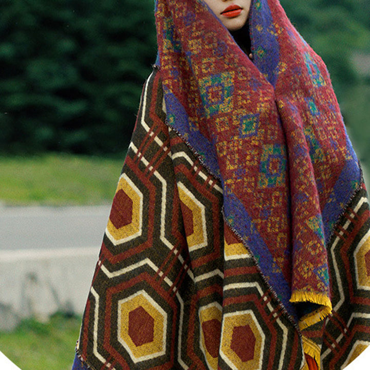 Mantón tibetano de Buddha Stones, patrón de formas geométricas, marrón, azul y rojo, bufanda de viaje acogedora para invierno
