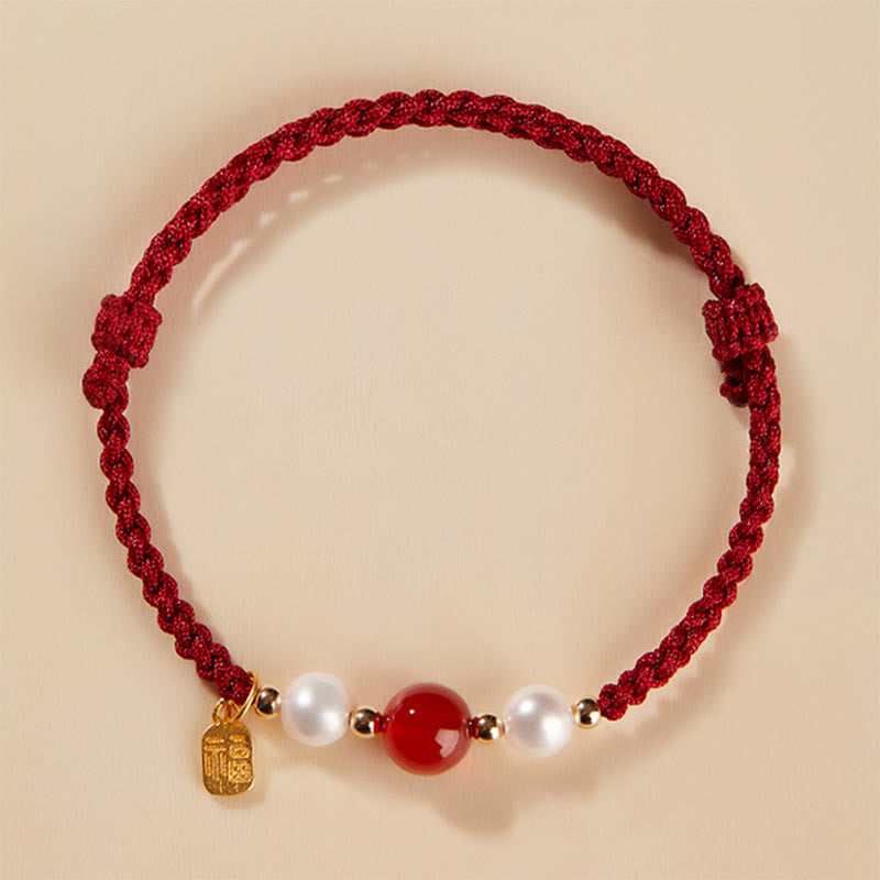 Pulsera trenzada de hilo rojo con perlas de ágata y carácter de buena fortuna de plata de ley 925 con Buddha Stones