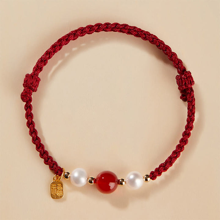 Pulsera trenzada de hilo rojo con perlas de ágata y carácter de buena fortuna de plata de ley 925 con Buddha Stones