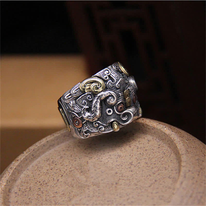 Anillo ajustable de protección de ganado Fengshui Kui de plata de ley 925