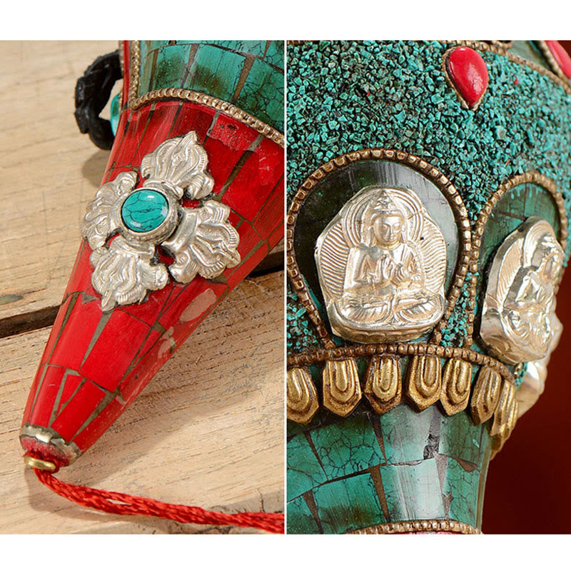 Tibetano hecho a mano Shankha Om Mani Padme Hum Buda Avalokitesvara turquesa Concha decoración positiva - image 9