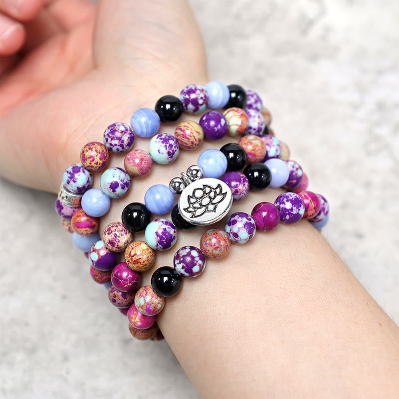 Buddha Stones Natural Púrpura Miano Piedra Real Lotus Mala