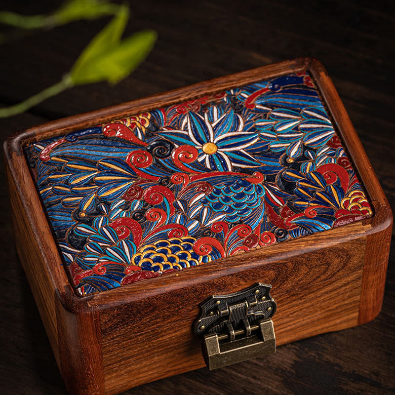Caja de almacenamiento de joyería de palisandro con estampado floral hecha a mano retro, caja organizadora de regalo de madera con cerradura