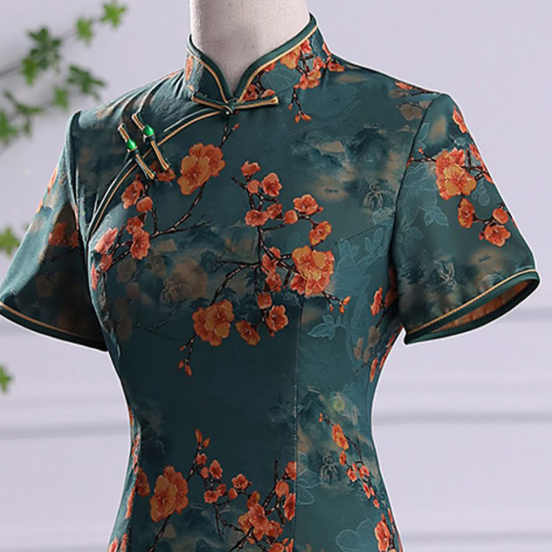 Vestido Cheongsam para mujer con estampado de plumas de peonía y flor de loto Retro con Buddha Stones - image 6